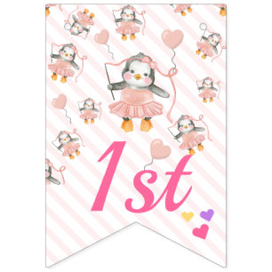 Bannière À Fanions Baby Penguin Ballerina rose Personnalisé Anniversa