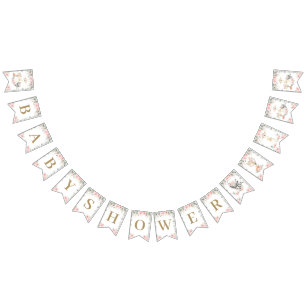 Bannière À Fanions Baby shower floral rose pâle des animaux des bois