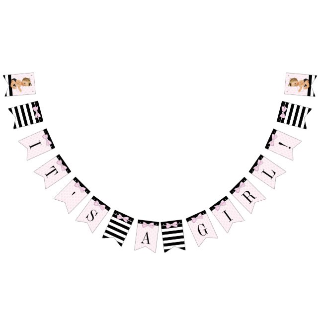 Bannière À Fanions Baby shower noir rose fille (Tout)