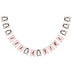 Bannière À Fanions Baby shower Pingouin mignon fille rose