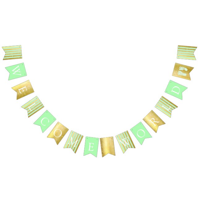 Bannière À Fanions Baby shower vert et or Bienvenue Empreinte du mond (Tout)