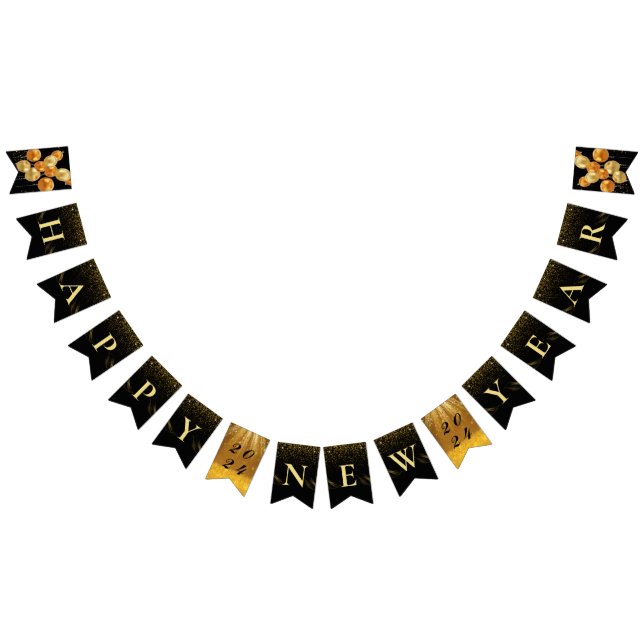 Bannière À Fanions Ballons d'or noir Bonne fête du Nouvel An (Tout)