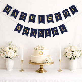 Bannière À Fanions Bar Mitzvah Navy Mazel Tov Nom Garçon 6 Lettres