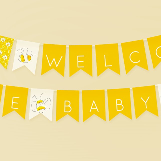 Bannière À Fanions Bienvenue Bébé Aquarelle Jaune Bumble Bees (Baby Bee Baby Shower golden yellow bunting flags.)