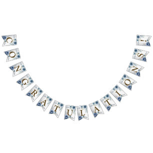 Bannière À Fanions Bienvenue Fête Dusty Blue Aquarelle Fleurs Argent