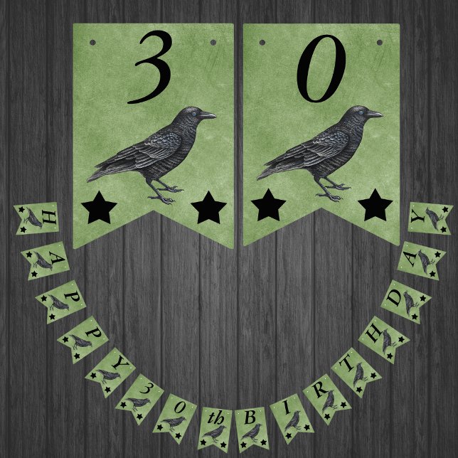 Bannière À Fanions Black Crow Black Stars on Grunge Green Birthday (Standing black crow with two black stars on Gothic themed happy birthday bunting flag decoration.)