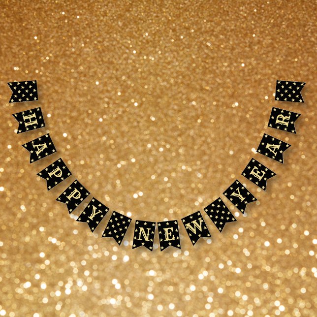 Bannière À Fanions Black Faux Gold Stars Bonne Nouvelle Année Soirée (Black Faux Gold Stars Happy New Years Eve Party Bunting Flags)