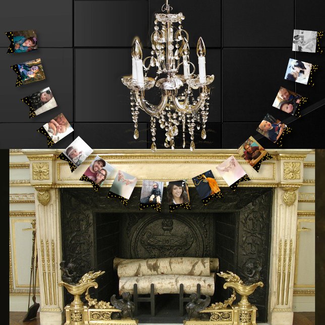 Bannière À Fanions Black Gold Dots Photo Graduary Party (Créateur téléchargé)