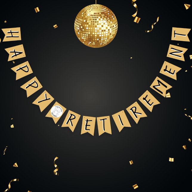 Bannière À Fanions Bonne retraite Faux Gold Félicitations Party (Happy Retirement bunting in faux gold, black and white. Ideal decoration for a retirement part)