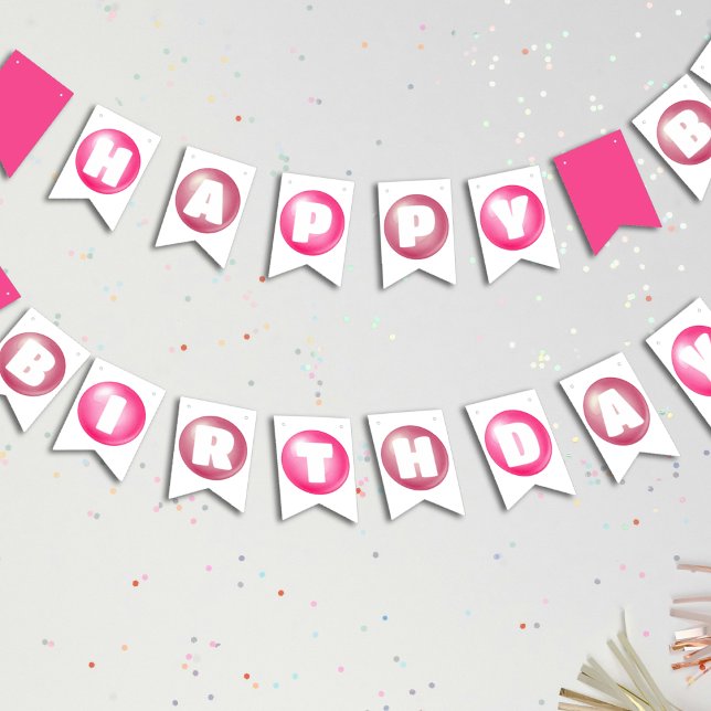 Bannière À Fanions Bubblegum Rose Poppin Girl Bonne fête d'anniversai (Bubblegum Pink Poppin Girl Happy Birthday Party Bunting Flags
)