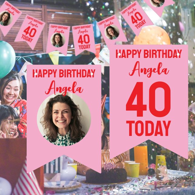 Bannière À Fanions bunting personnalisé 40e anniversaire (custom 40th birthday bunting in pink and red with photo and happy birthday 40 and date)