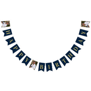 Bannière À Fanions Cadre Art Déco Navy et Or Joyeux Anniversaire