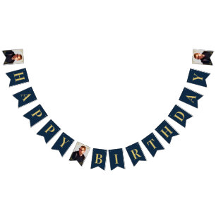 Bannière À Fanions Cadre Art Déco Or Navy Photo Joyeux Anniversaire