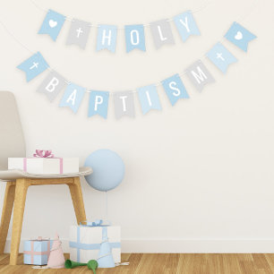 Bannière À Fanions Célébration de baptême bleu gris bébé garçon