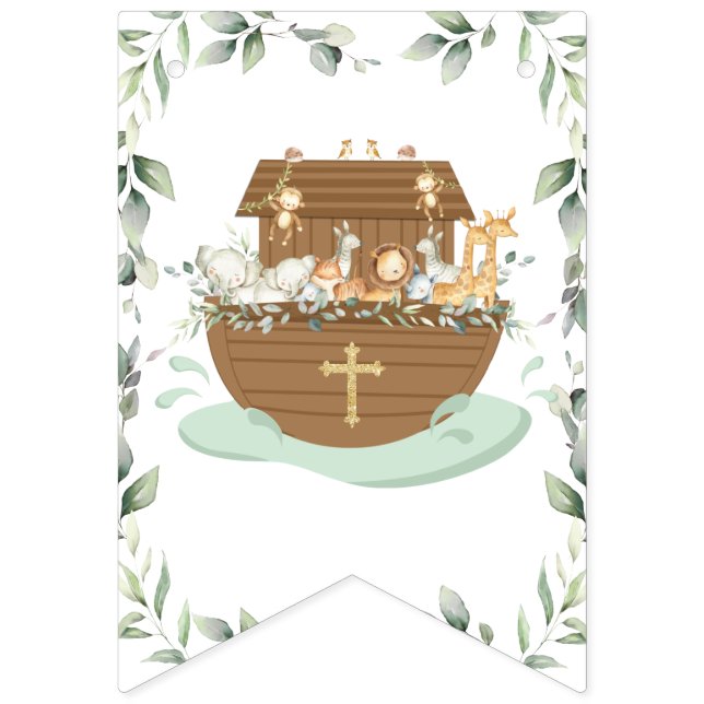 Bannière À Fanions Chic Noah's Ark Greenery Baptême Christening (Premier drapeau)