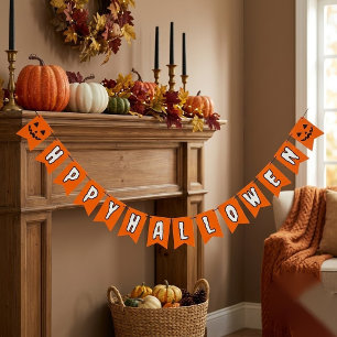 Bannière À Fanions Citrouille orange noire et blanche Joyeux Hallowee