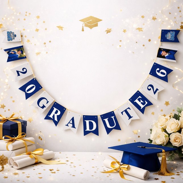 Bannière À Fanions Class of 2026 Graduation Banner in Blue and White  (Créateur téléchargé)