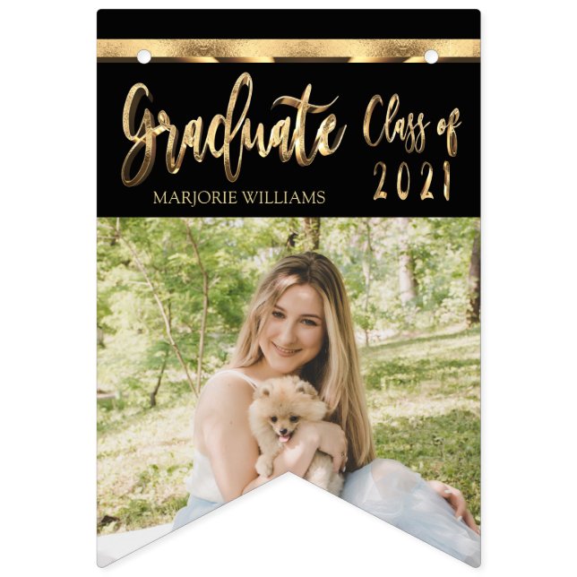 Bannière À Fanions Classe de script noir et or de 2021 Graduation (Deuxième drapeau)