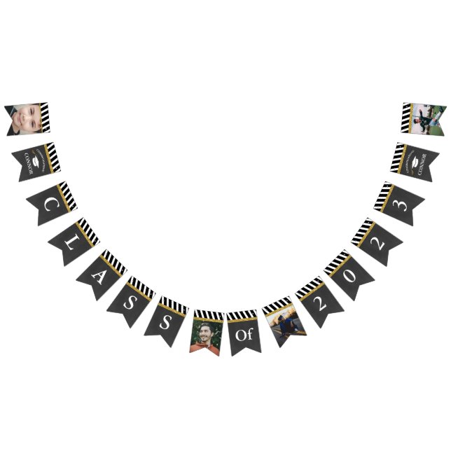 Bannière À Fanions Classe Noir et Or de 2023 Garçons Photo Graduation (Tout)