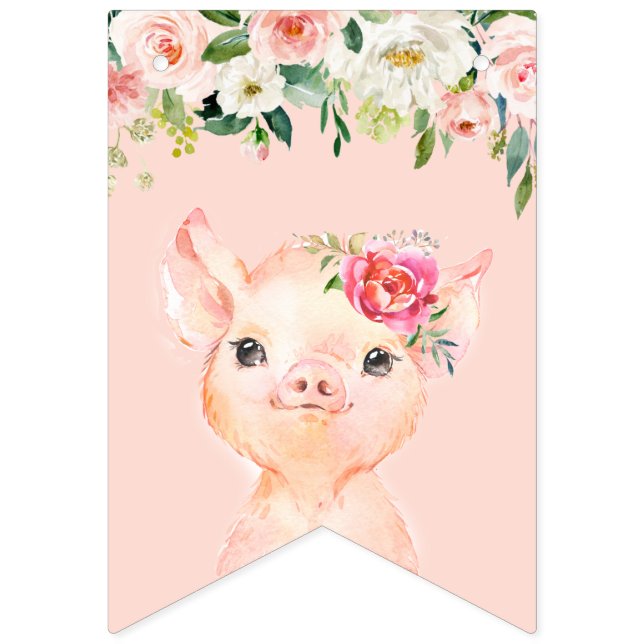 Bannière À Fanions Cochon mignon aux fleurs roses blanches Joyeux ann (Premier drapeau)