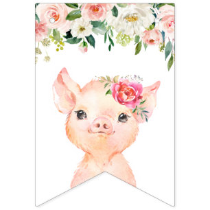 Bannière À Fanions Cochon mignon aux fleurs roses blanches Joyeux ann