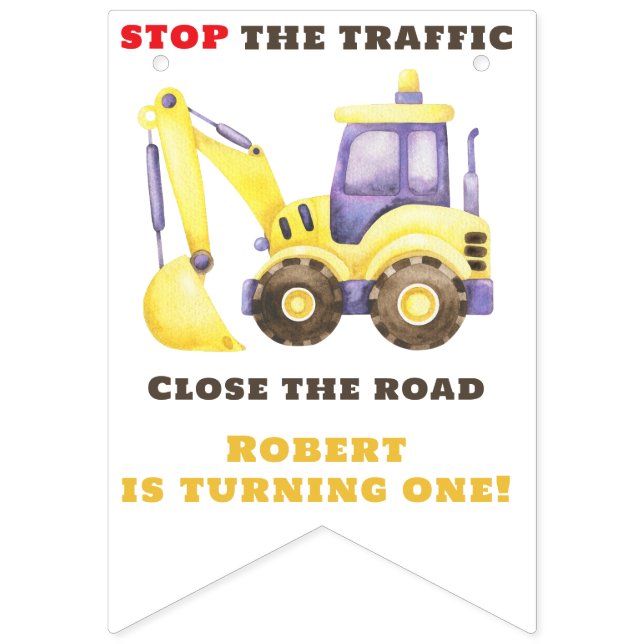 Bannière À Fanions Construction Truck Excavateur fête d'anniversaire (Premier drapeau)