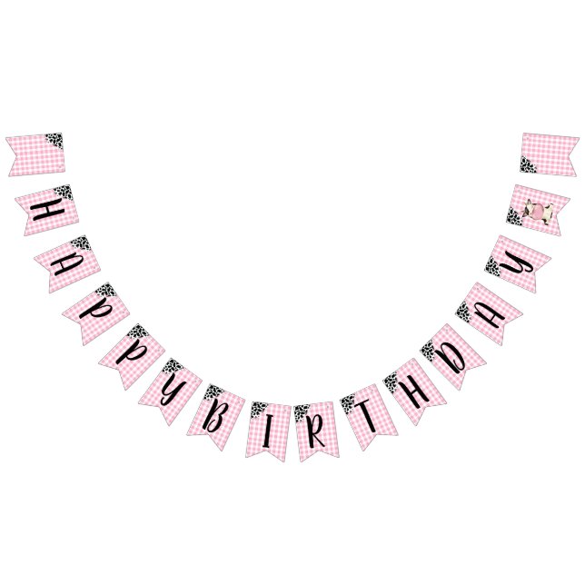Bannière À Fanions Cow Print Pink Gingham Happy Birthday Banner (Tout)