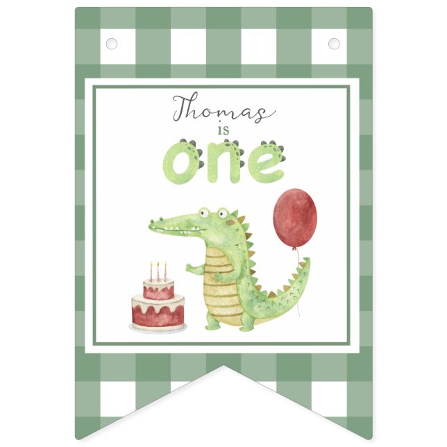 Bannière À Fanions Crocodile d'aquarelle 1er anniversaire (Premier drapeau)