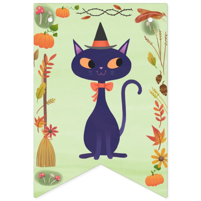 Bannière À Fanions Cute Halloween sorcière chat vert (Deuxième drapeau)