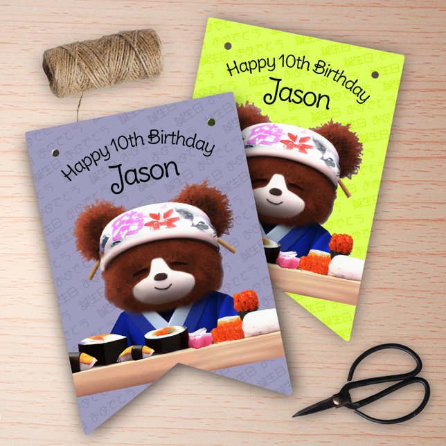 Bannière À Fanions Cute Teddy Bear Sushi Chef Fête d'anniversaire (Cute Teddy Bear Sushi Chef Birthday Party Bunting Flags Cover Photo.)