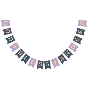 Bannière À Fanions Dieu Béni 6 Lettres Violet Marine Baptême Communio