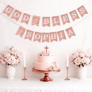 Bannière À Fanions Dieu bénisse 6 lettres Rose Gold Baptême Communion
