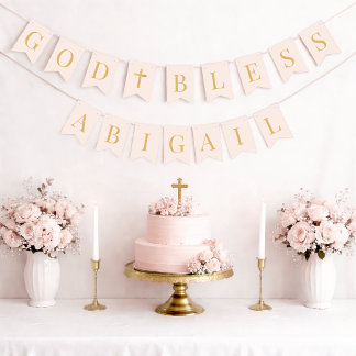 Bannière À Fanions Dieu bénisse 7 Lettres Rose et Or Baptême Communio