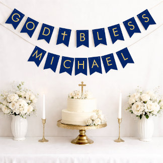 Bannière À Fanions Dieu bénisse Blue Gold 7 Lettres Baptême Communion
