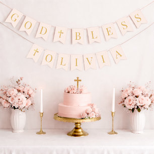 Bannière À Fanions Dieu bénisse Pink & Gold 6 Lettres Baptême Communi