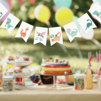 Bannière À Fanions Dinosaur anniversaire amis neutre pastel
