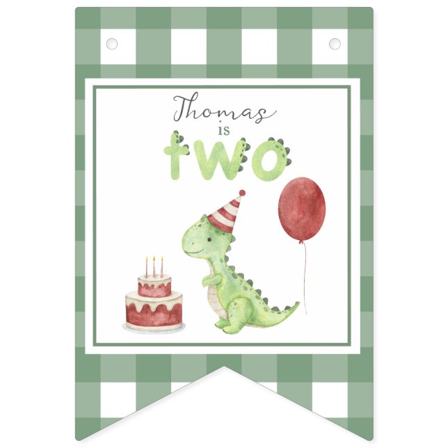 Bannière À Fanions Dinosaur aquarelle 2e anniversaire (Premier drapeau)