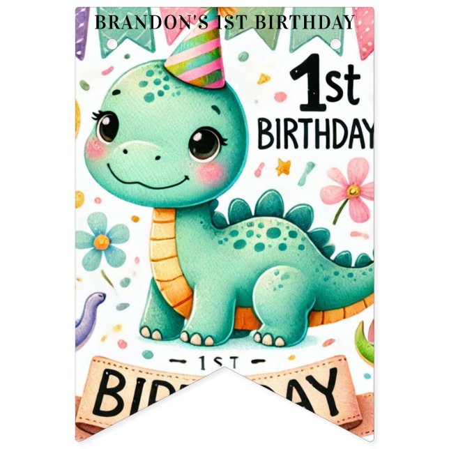 Bannière À Fanions Dinosaur Dino 1ère fête d'anniversaire (Premier drapeau)