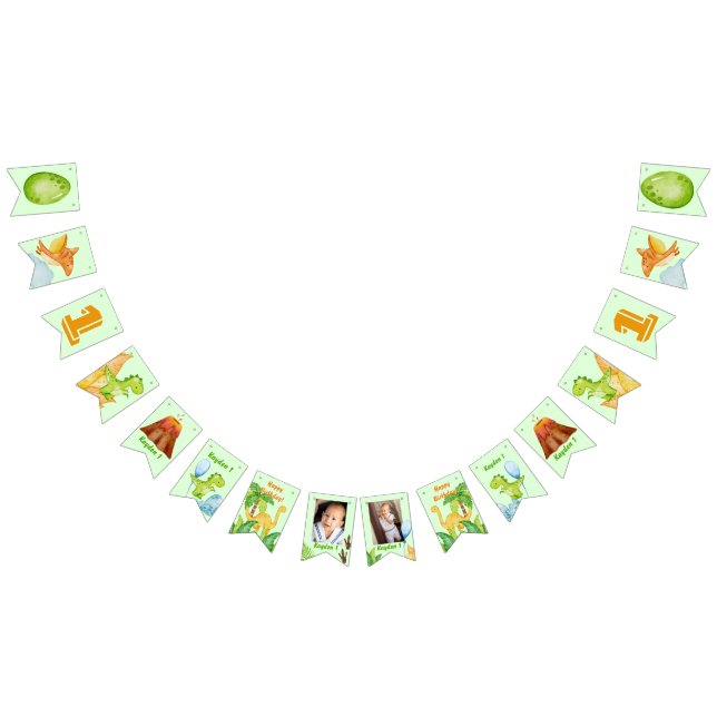 Bannière À Fanions Dinosaure vert personnalisé avec 2 photos (Tout)