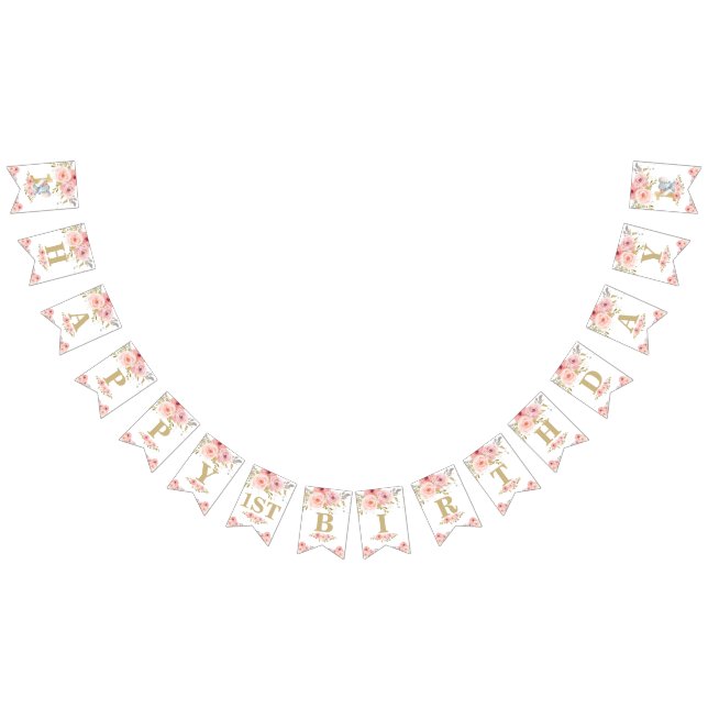 Bannière À Fanions Eléphant Chic 1er Anniversaire Un Bund Floral Rose (Tout)