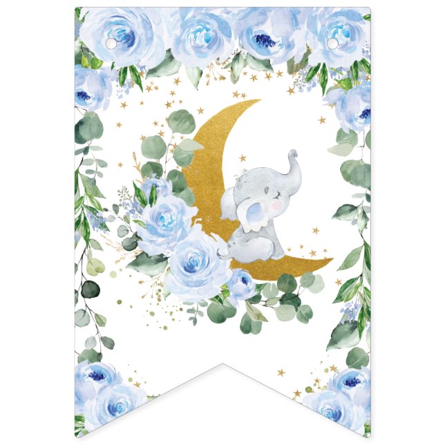 Bannière À Fanions Eléphant croissant Lune Baby shower floral bleu (Premier drapeau)