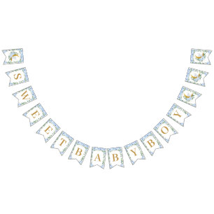 Bannière À Fanions Elephant croissant Lune Bleu Floral Boy Baby showe