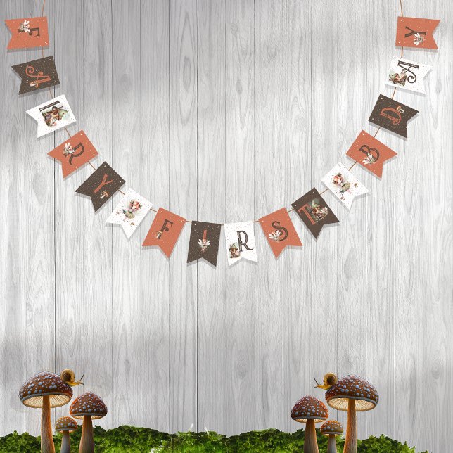 Bannière À Fanions Fairy First Woodland Animaux Champignons 1er anniv (Fairy First Woodland Animals Mushrooms Girl's 1st Birthday Party Bunting Banner)