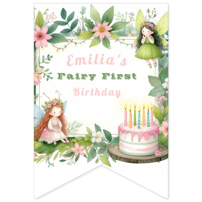 Bannière À Fanions Fée Pastel Vert - Premier Anniversaire (Premier drapeau)