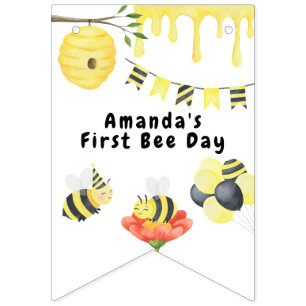 Bannière À Fanions Fête d'anniversaire premier jour de l'abeille aqua