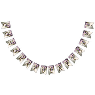 Bannière À Fanions Fête de bienvenue Fleurs violettes rose or élégant