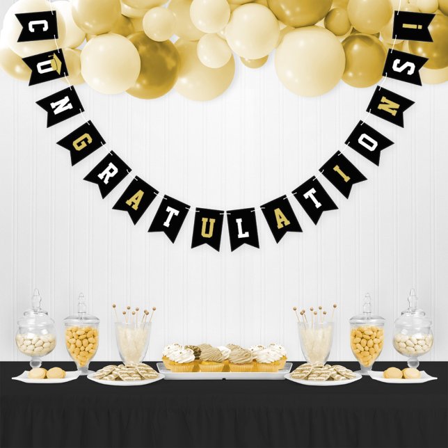 Bannière À Fanions Fête Moderne Or Noir Félicitations (Créateur téléchargé)