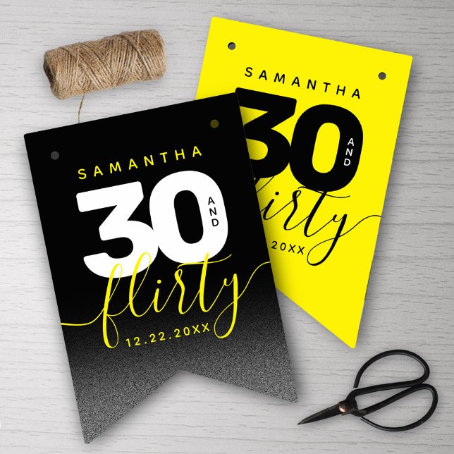Bannière À Fanions Fille moderne brillant Jaune 30 et Flirty (Girly Bright Yellow 30 and Flirty Her 30th Birthday Bunting Flags Cover Photo.)