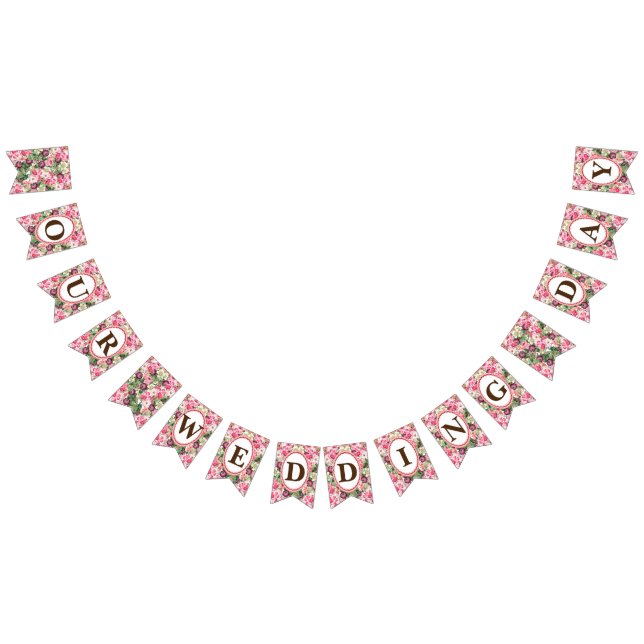 Bannière À Fanions Florales Blanches roses Notre jour de mariage (Tout)