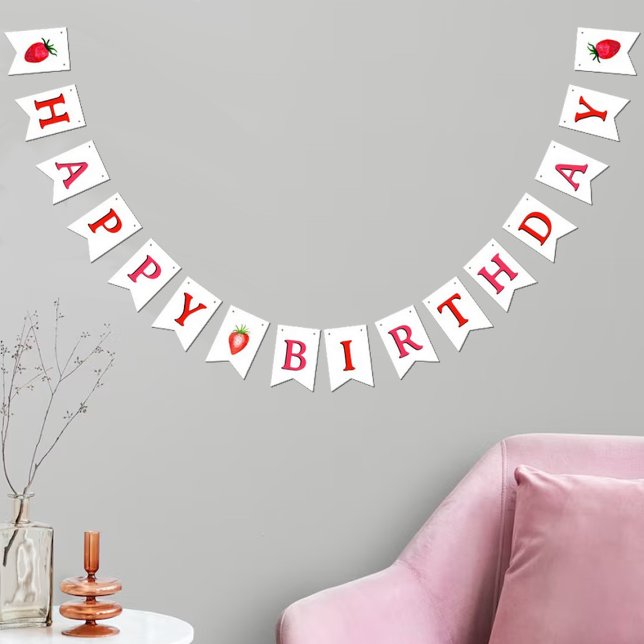 Bannière À Fanions Fraises d'aquarelle douce Joyeux anniversaire (Créateur téléchargé)